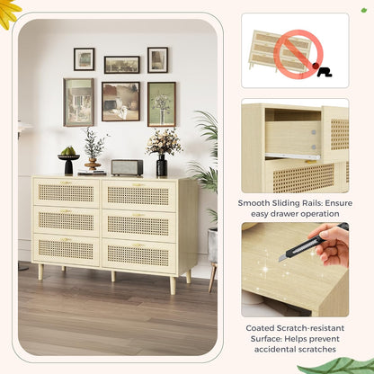 YODOLLA Wicker Dresser 6 Drawer Rattan Dresser, Natural Wood