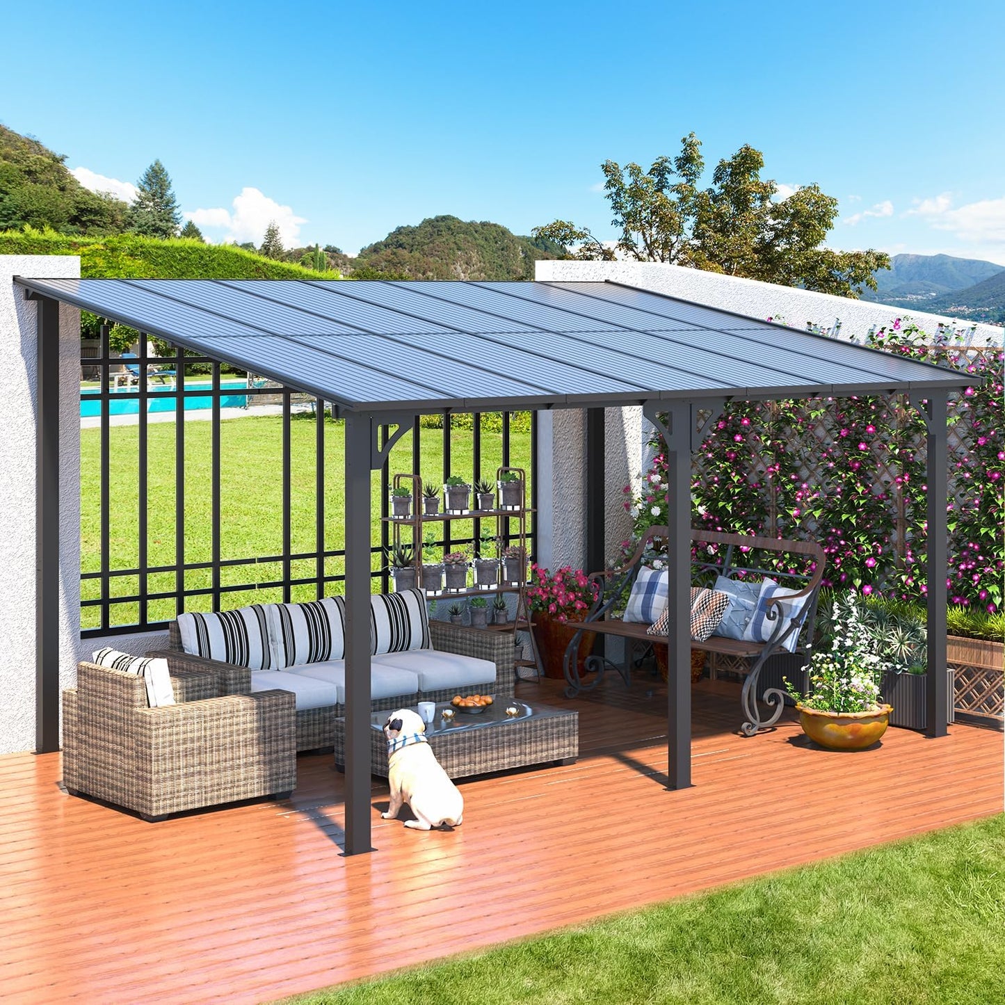 YODOLLA 14' x 10' Hard Top Lean to Gazebo for Patio, Dark Gray