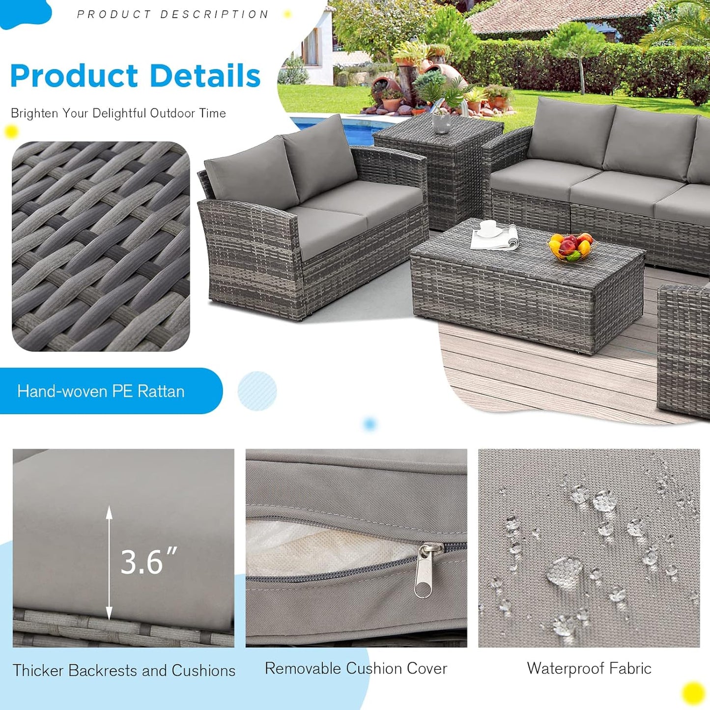 YODOLLA 7 Pieces Patio Furniture with Two Storage Boxes, Grey & Light Grey