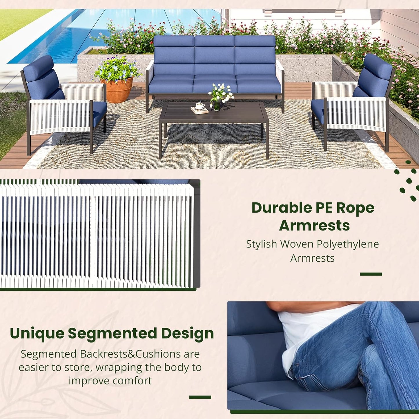 YODOLLA 4 Pieces Aluminum Patio Furniture Set with PE Rope Armrest, Dark Blue