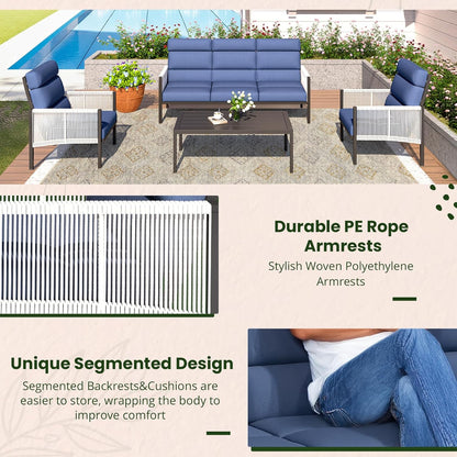 YODOLLA 4 Pieces Aluminum Patio Furniture Set with PE Rope Armrest, Dark Blue