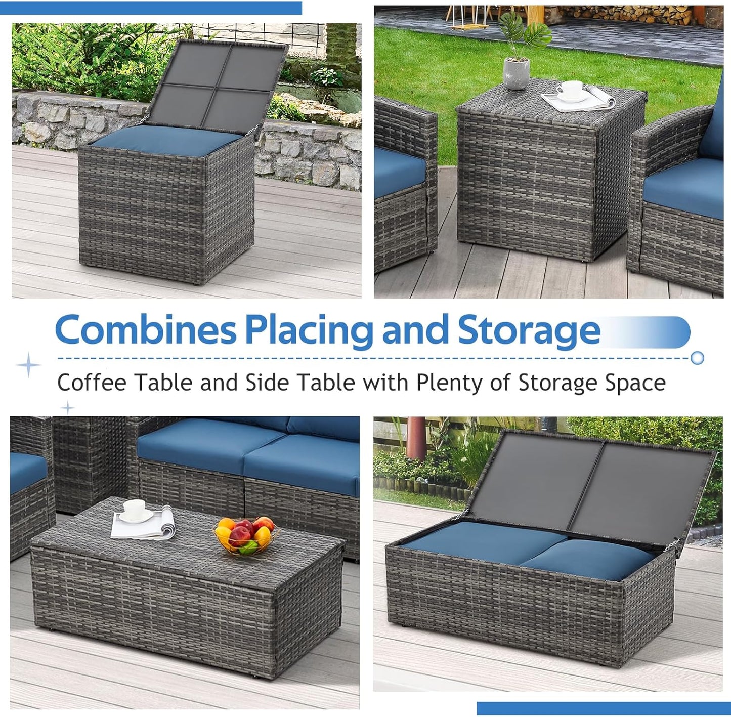 YODOLLA 7 Pieces Patio Furniture with Two Storage Boxes, Grey & Dark Blue
