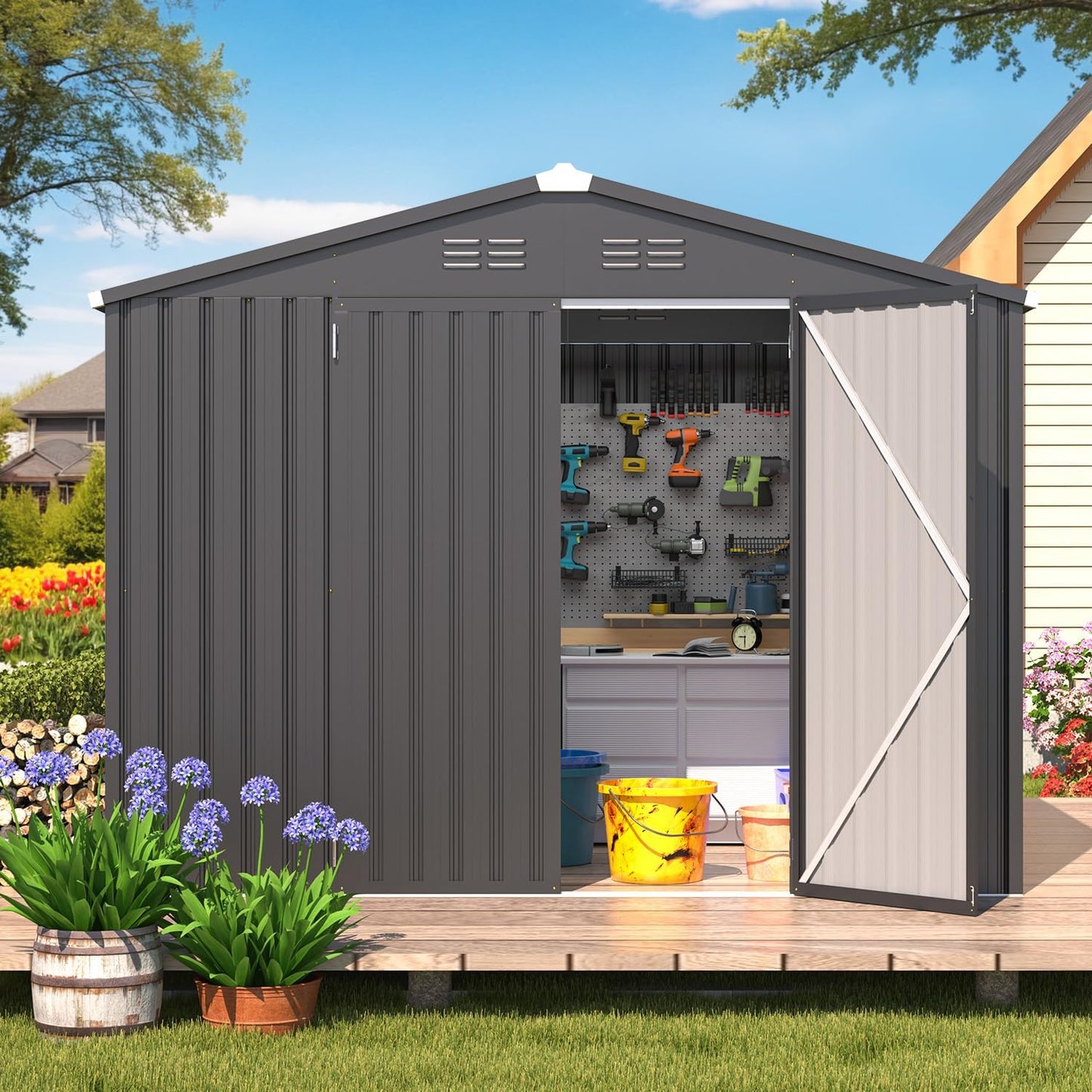 YODOLLA Shed 8' x 6' Metal Storage Shed for Ourdoor, Drak Grey