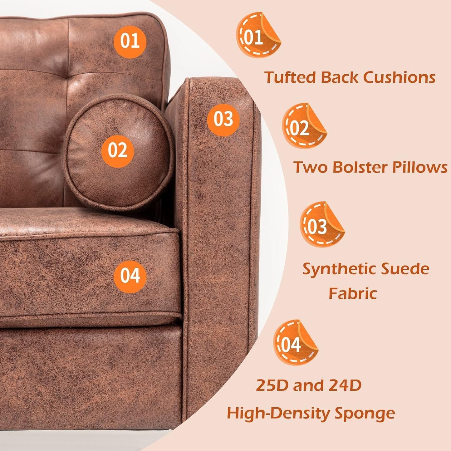 YODOLLA 84.2" 3-Seats Large Sofa Couch Couch, Faux Leather Brown