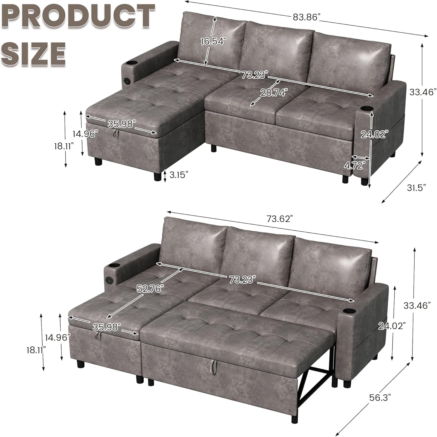 YODOLLA Faux Leather L-Shaped Sleeper Sofa, Pullout Bed, USB & Storage, Gray