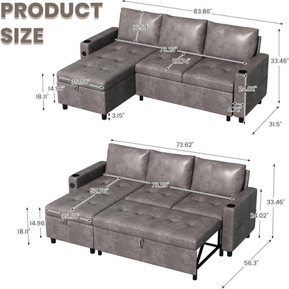 YODOLLA Faux Leather L-Shaped Sleeper Sofa, Pullout Bed, USB & Storage, Gray