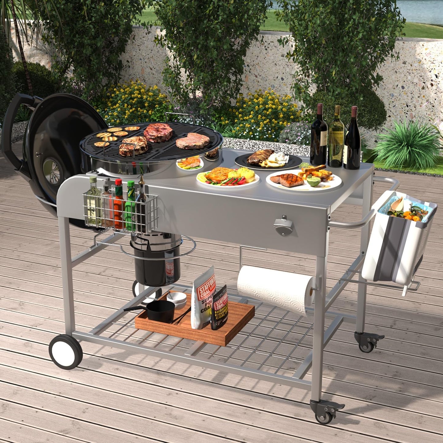 YODOLLA Outdoor Grill Cart with Wheels Kettle Grill Car, Silver