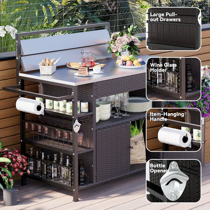 YODOLLA Outdoor Bar Cart with Rattan Storage Cabinet, Brown