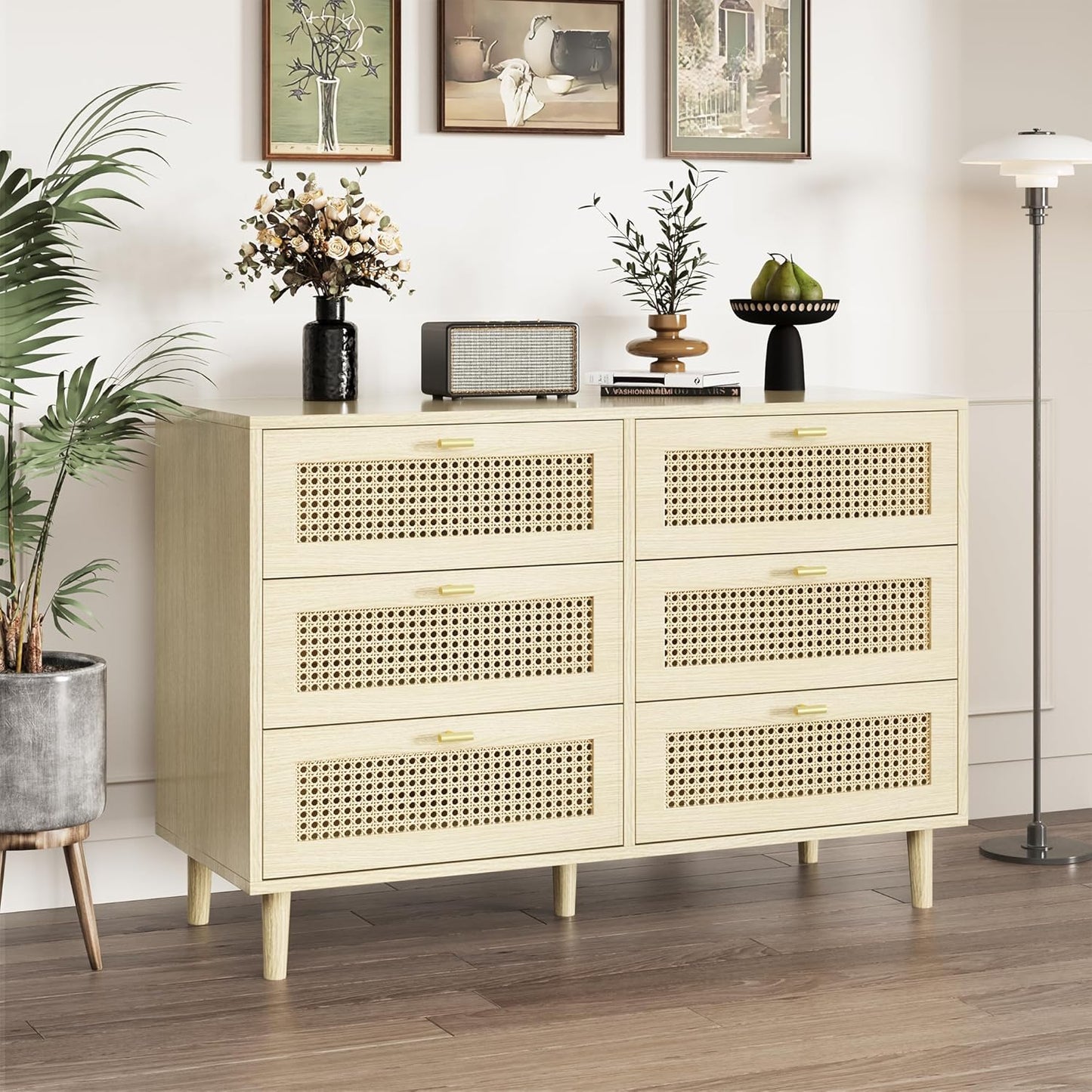 YODOLLA Wicker Dresser 6 Drawer Rattan Dresser, Natural Wood