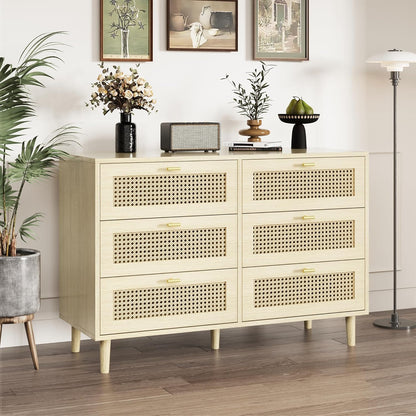 YODOLLA Wicker Dresser 6 Drawer Rattan Dresser, Natural Wood