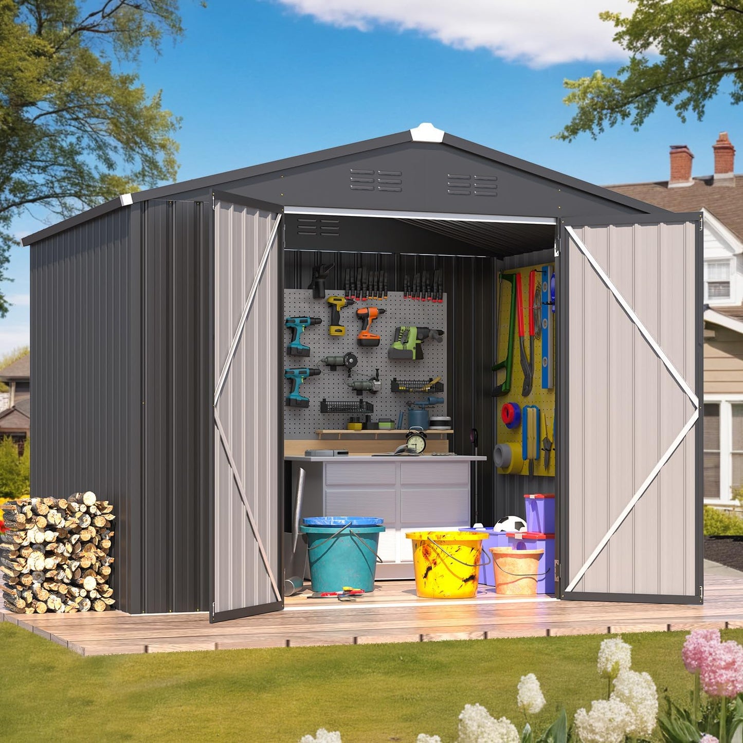 YODOLLA Shed 8' x 6' Metal Storage Shed for Ourdoor, Drak Grey