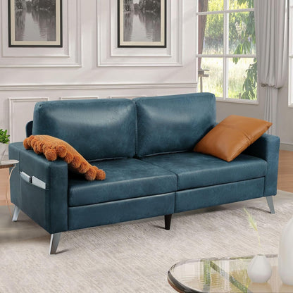 YODOLLA 79 Inch Sofa Couch for Living Room, Faux Leather, Saddle Blue