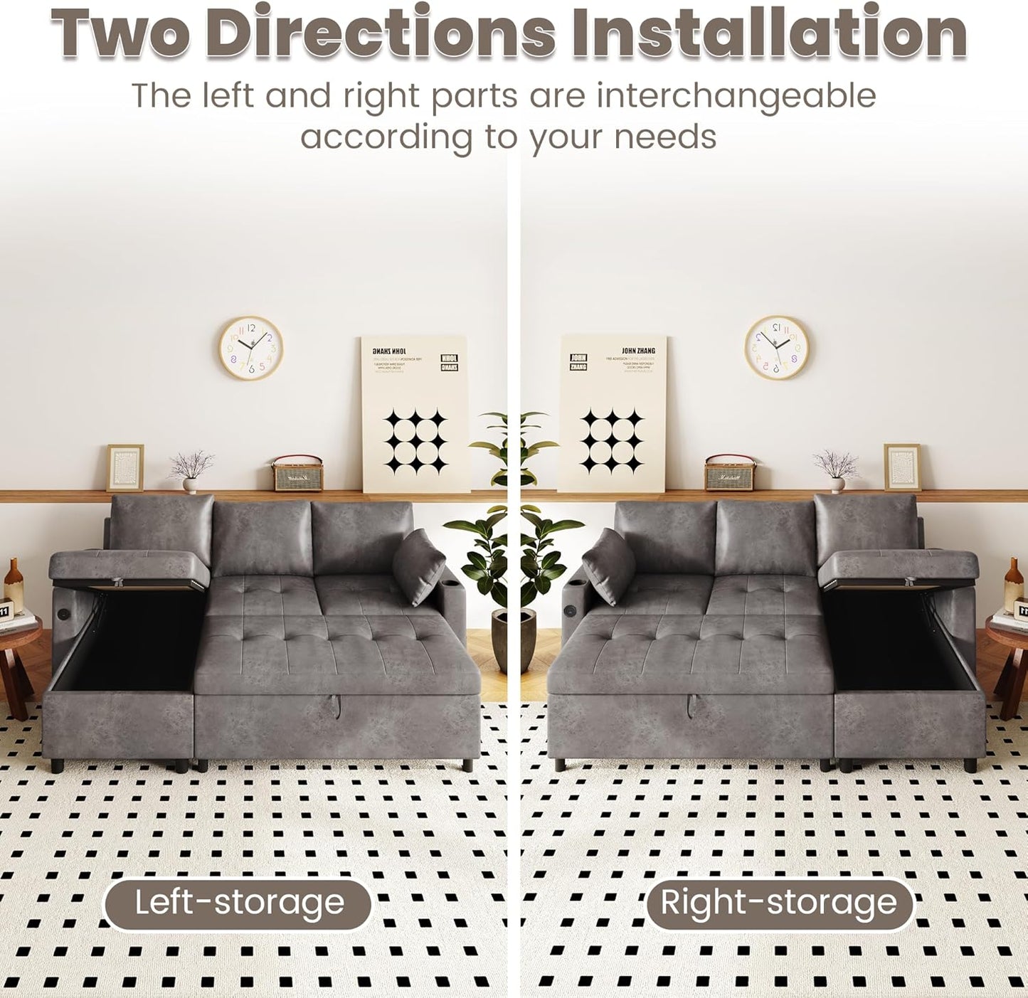 YODOLLA Faux Leather L-Shaped Sleeper Sofa, Pullout Bed, USB & Storage, Gray