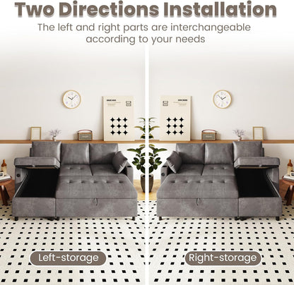 YODOLLA Faux Leather L-Shaped Sleeper Sofa, Pullout Bed, USB & Storage, Gray