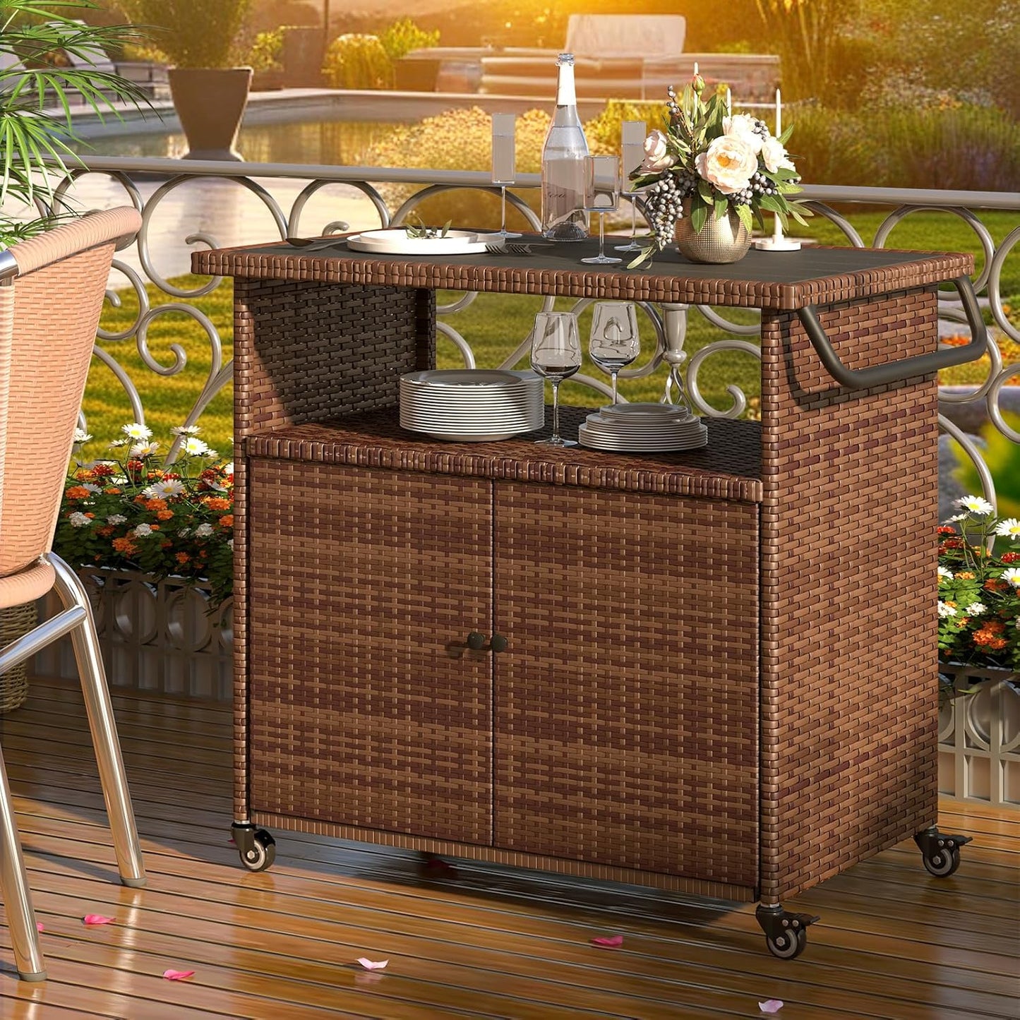 YODOLLA Outdoor Bar Cart, Patio Storage Grill Cart with Handles,Brown
