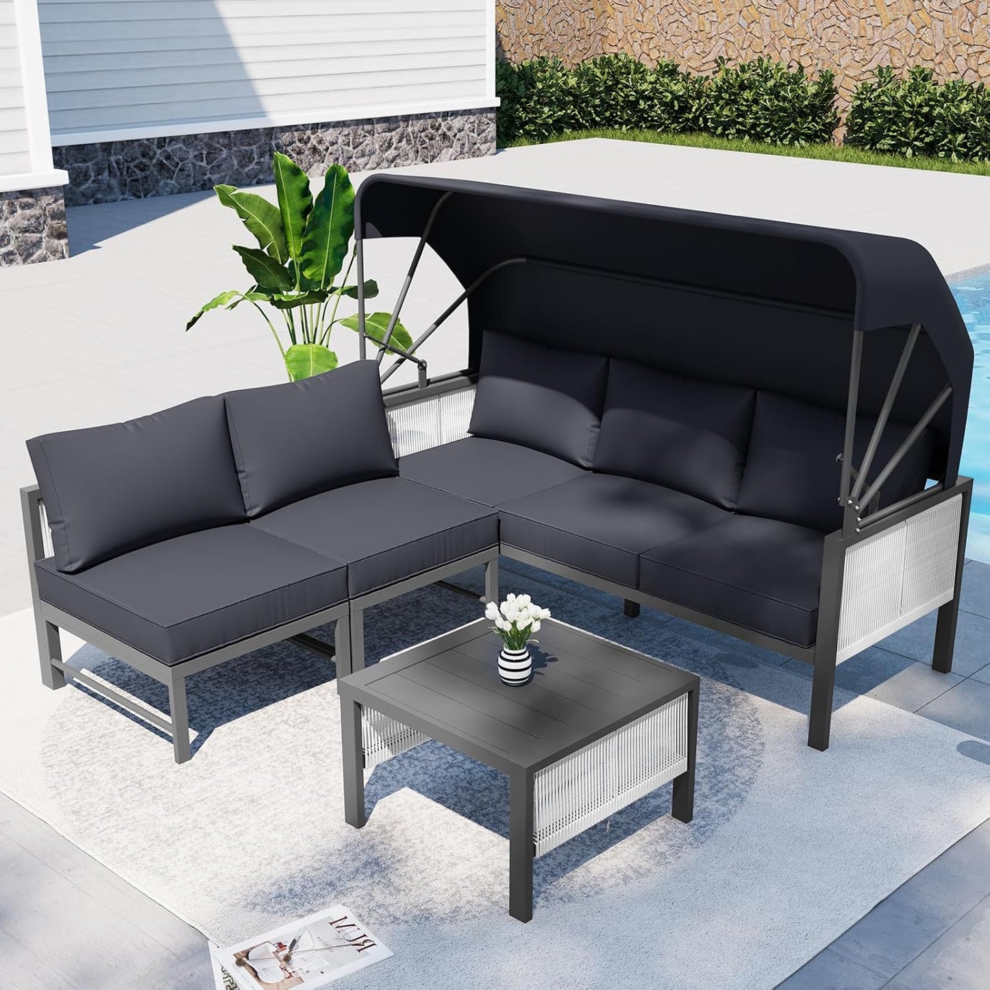 YODOLLA 4 Pieces Aluminum Patio Furniture Set, Retractable Canopy, Dark Grey