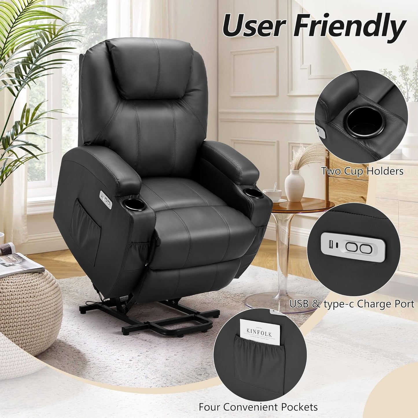 YODOLLA Power Lift Recliner Chair for Elderly with Side Pockets, PU Leather, Black
