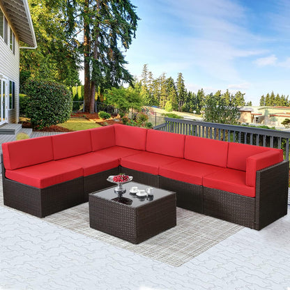 YODOLLA 7 Piece Outdoor Patio Furniture Set, Brown & Red