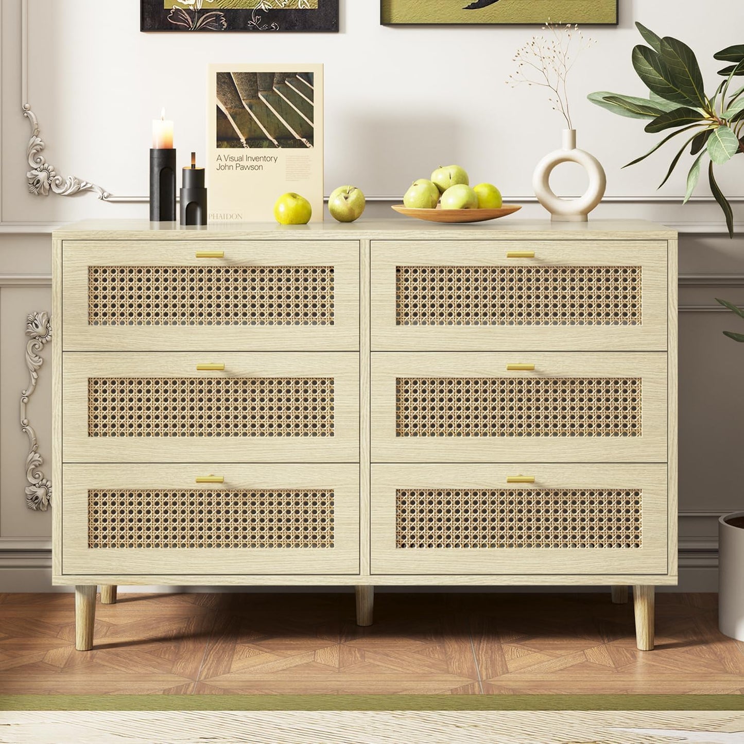 YODOLLA Wicker Dresser 6 Drawer Rattan Dresser, Natural Wood