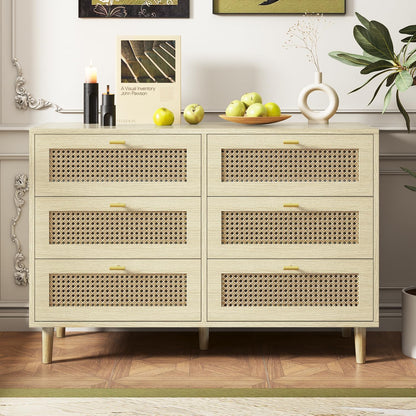 YODOLLA Wicker Dresser 6 Drawer Rattan Dresser, Natural Wood