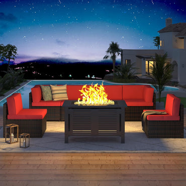 YODOLLA 7 Piece Outdoor Patio Furniture Set with Extra 43'' Fire Pit Table, Brown Rattan & Red Cushion