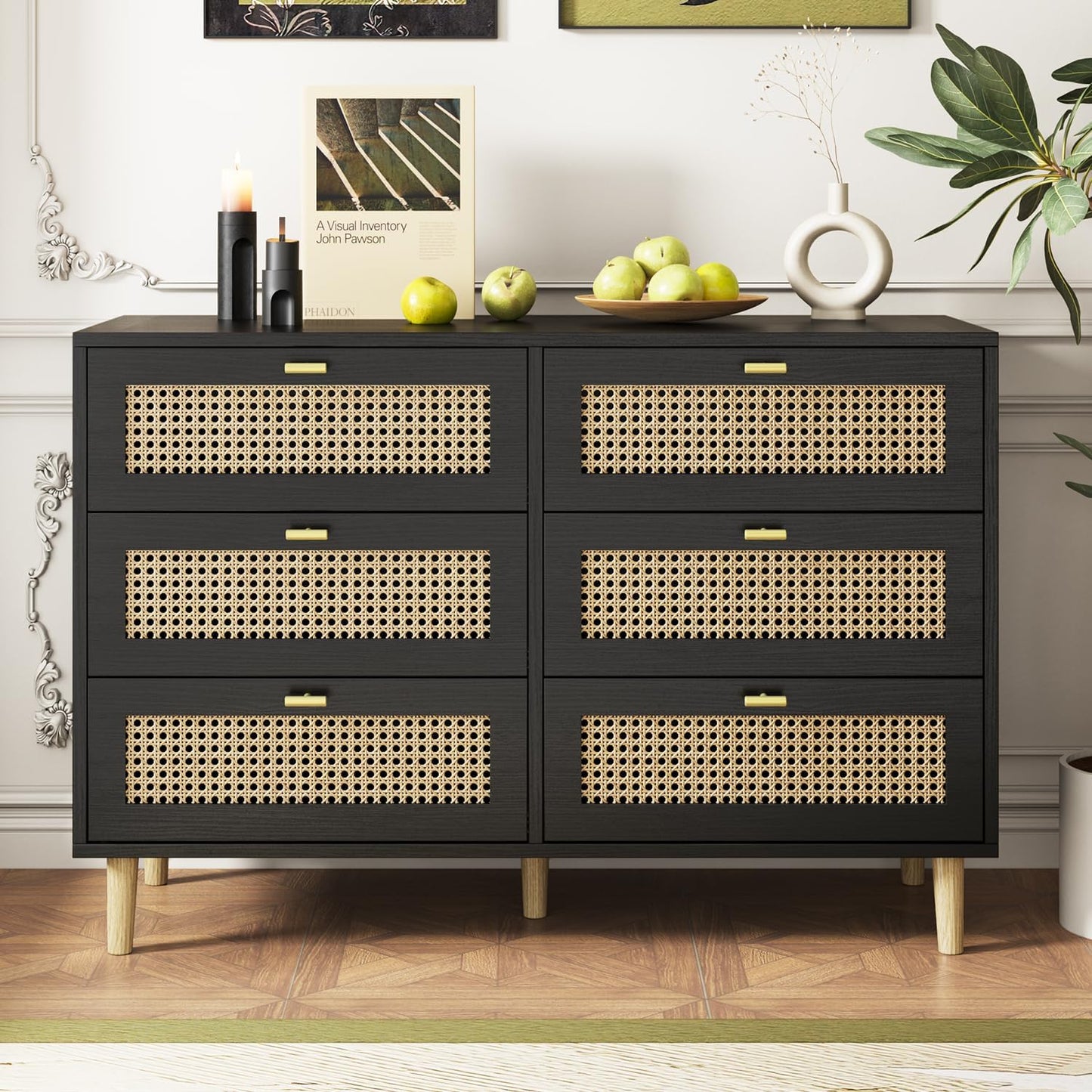 YODOLLA Wicker Dresser 6 Drawer Rattan Dresser, Black
