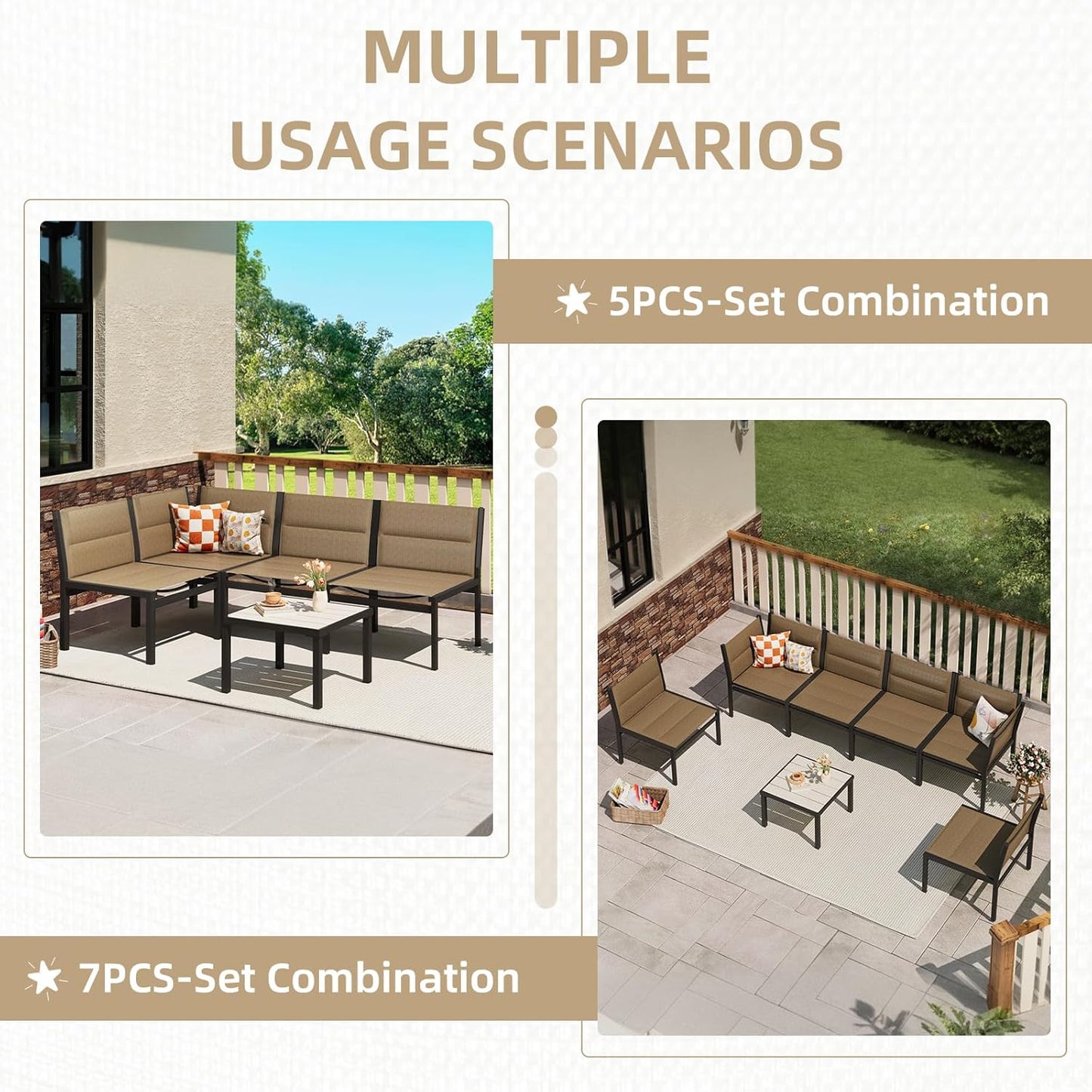 YODOLLA 7-Pc Sectional Patio Set Textilene Fabric, Brown