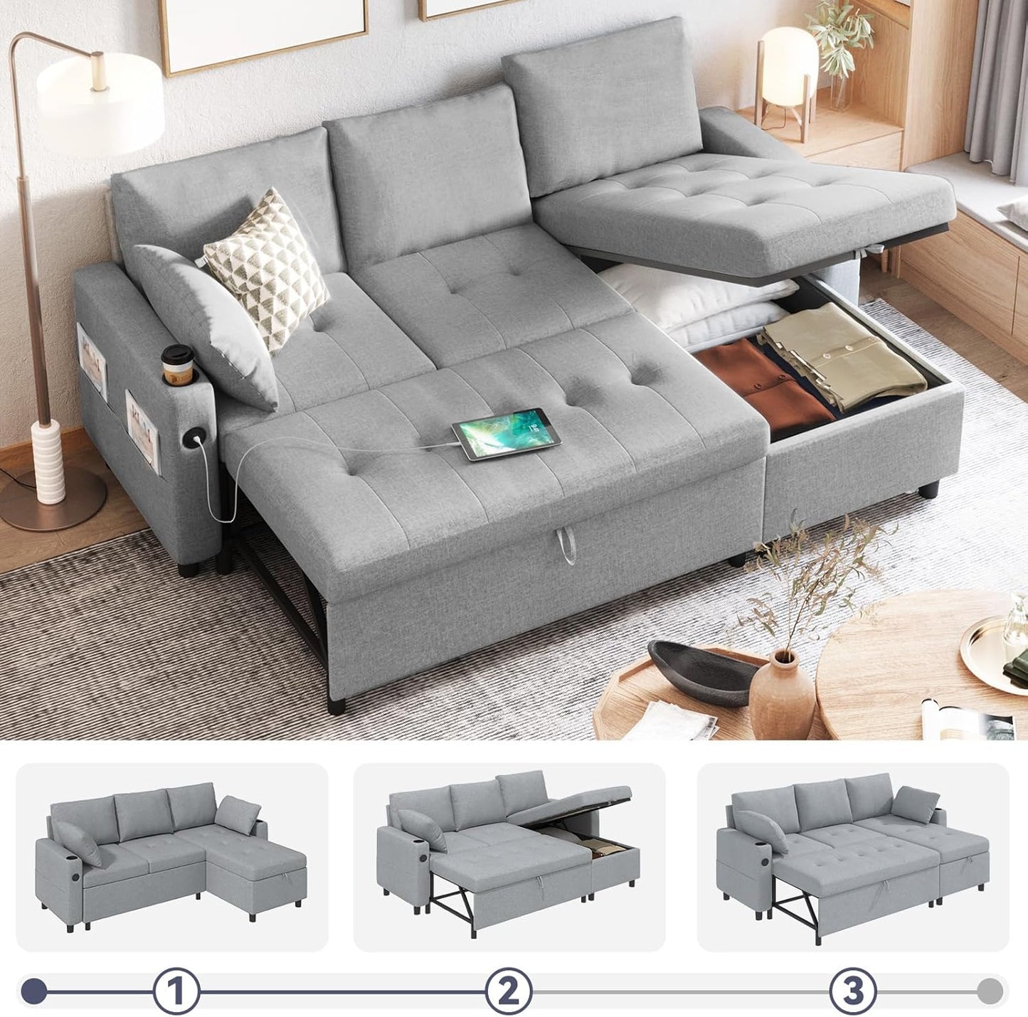 YODOLLA L-Shaped Sleeper Sofa, Pullout Bed, USB & Storage, Grey