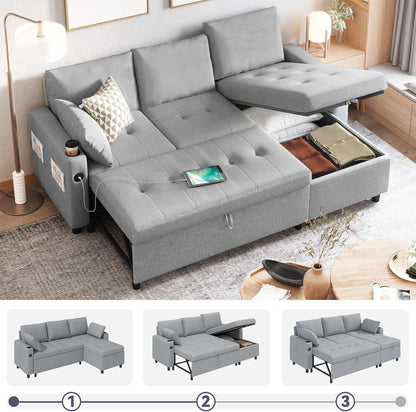 YODOLLA L-Shaped Sleeper Sofa, Pullout Bed, USB & Storage, Grey