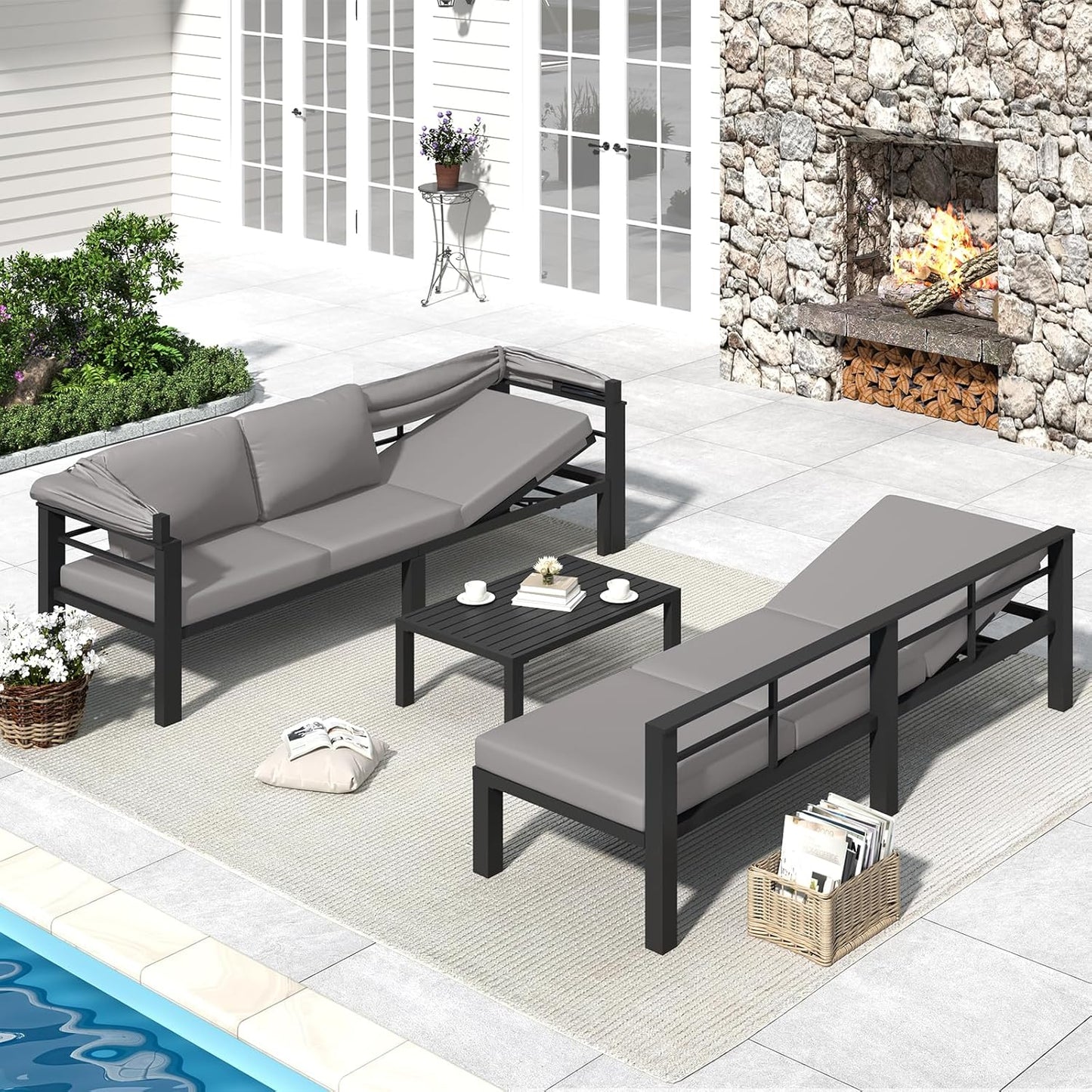 YODOLLA Patio Furniture Set with Retractable Canopy, Grey