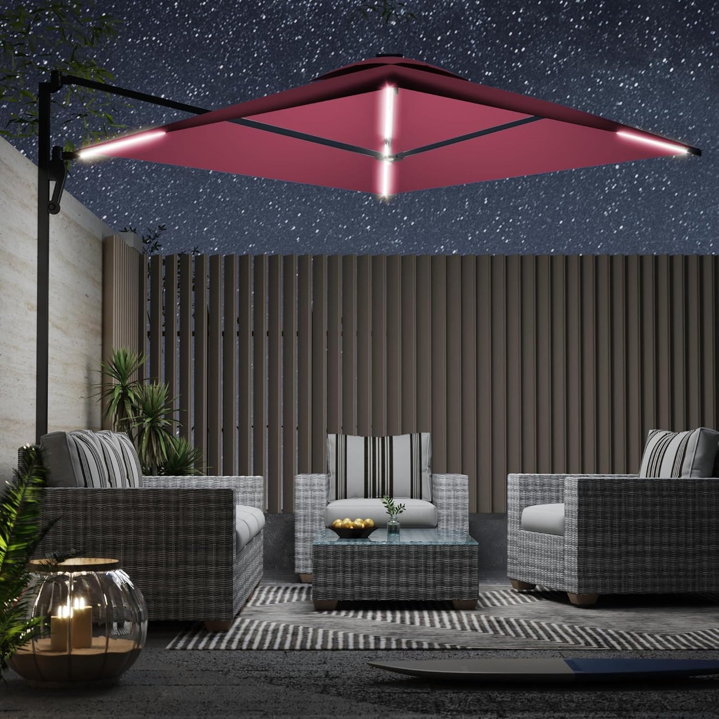 YODOLLA 10ft Solar LED Cantilever Patio Umbrella, Rectangular Wall Mounted Outdoor Large Offset Umbrellas