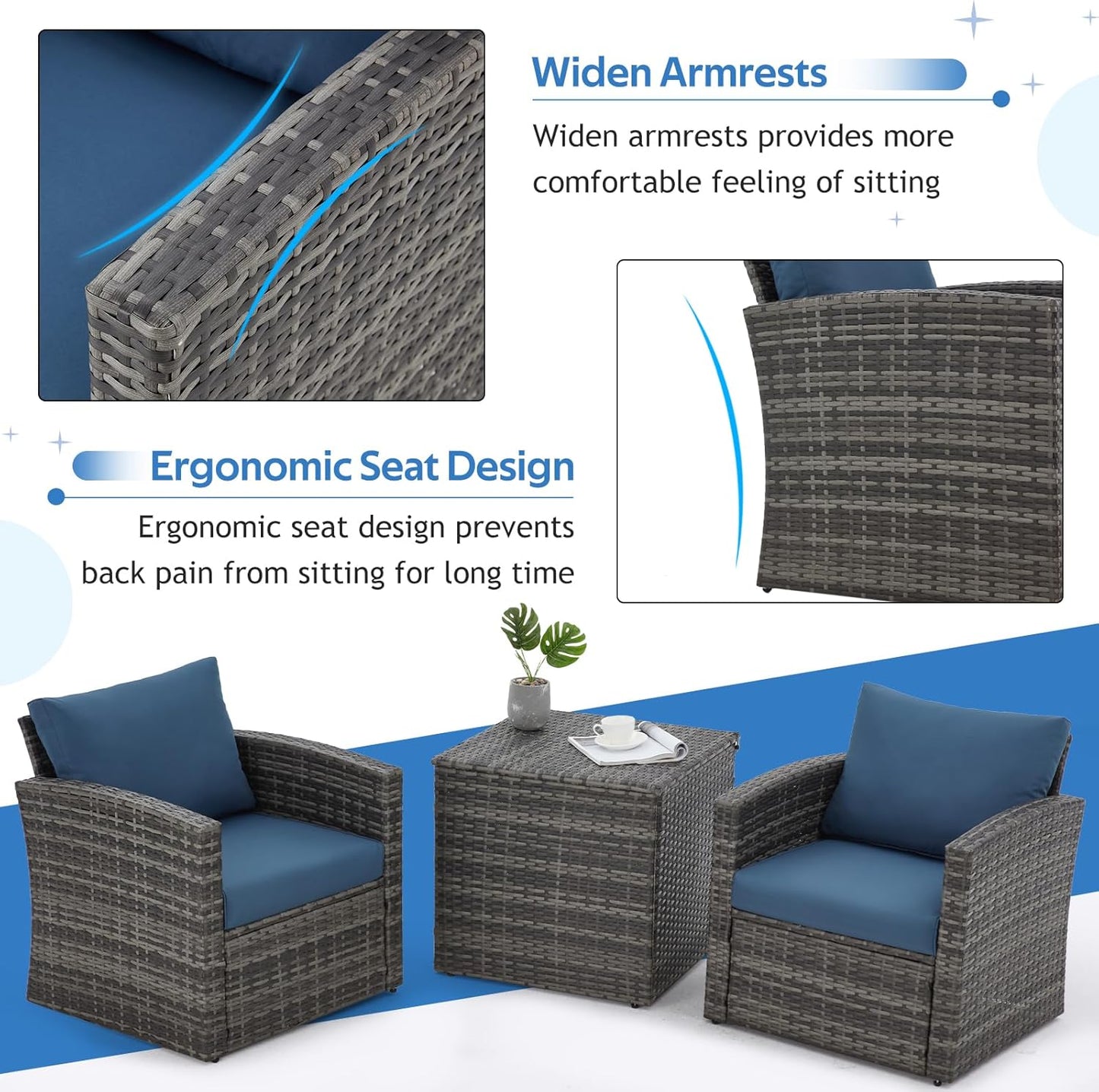 YODOLLA 7 Pieces Patio Furniture with Two Storage Boxes, Grey & Dark Blue