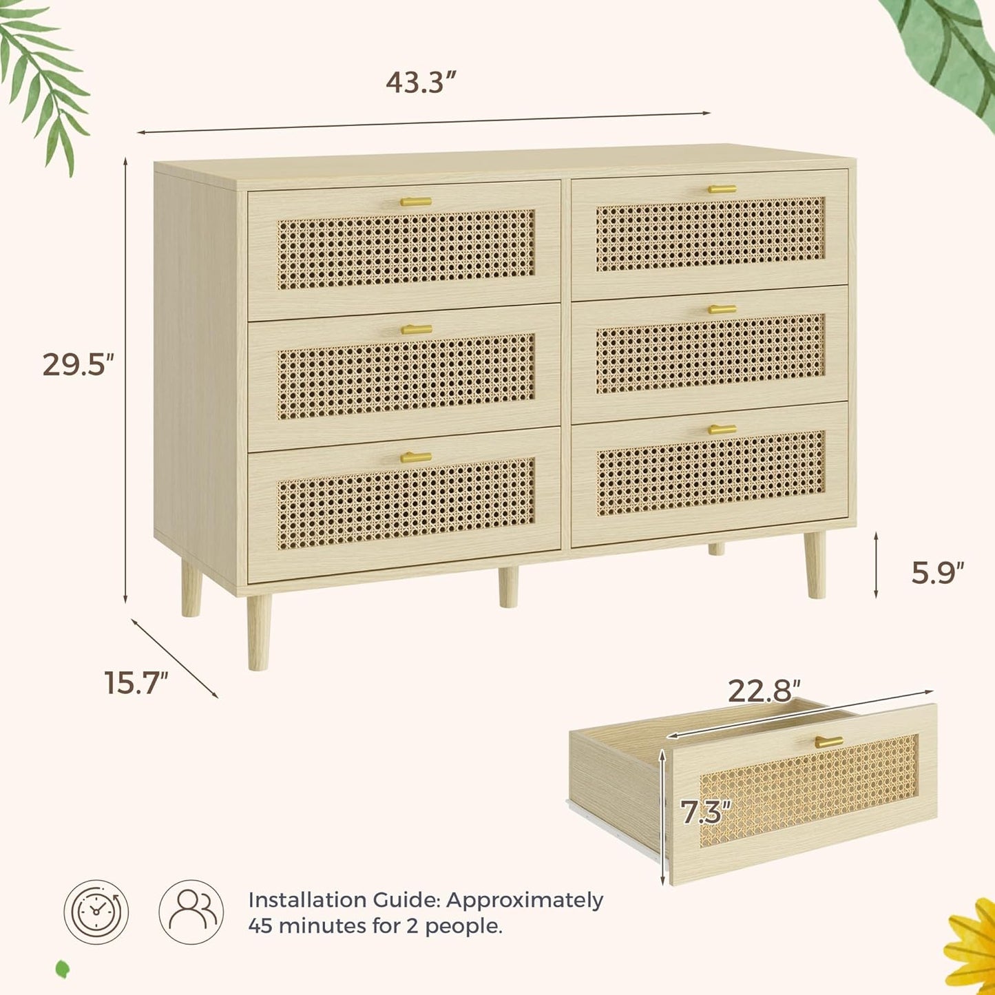 YODOLLA Wicker Dresser 6 Drawer Rattan Dresser, Natural Wood