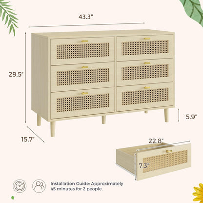 YODOLLA Wicker Dresser 6 Drawer Rattan Dresser, Natural Wood
