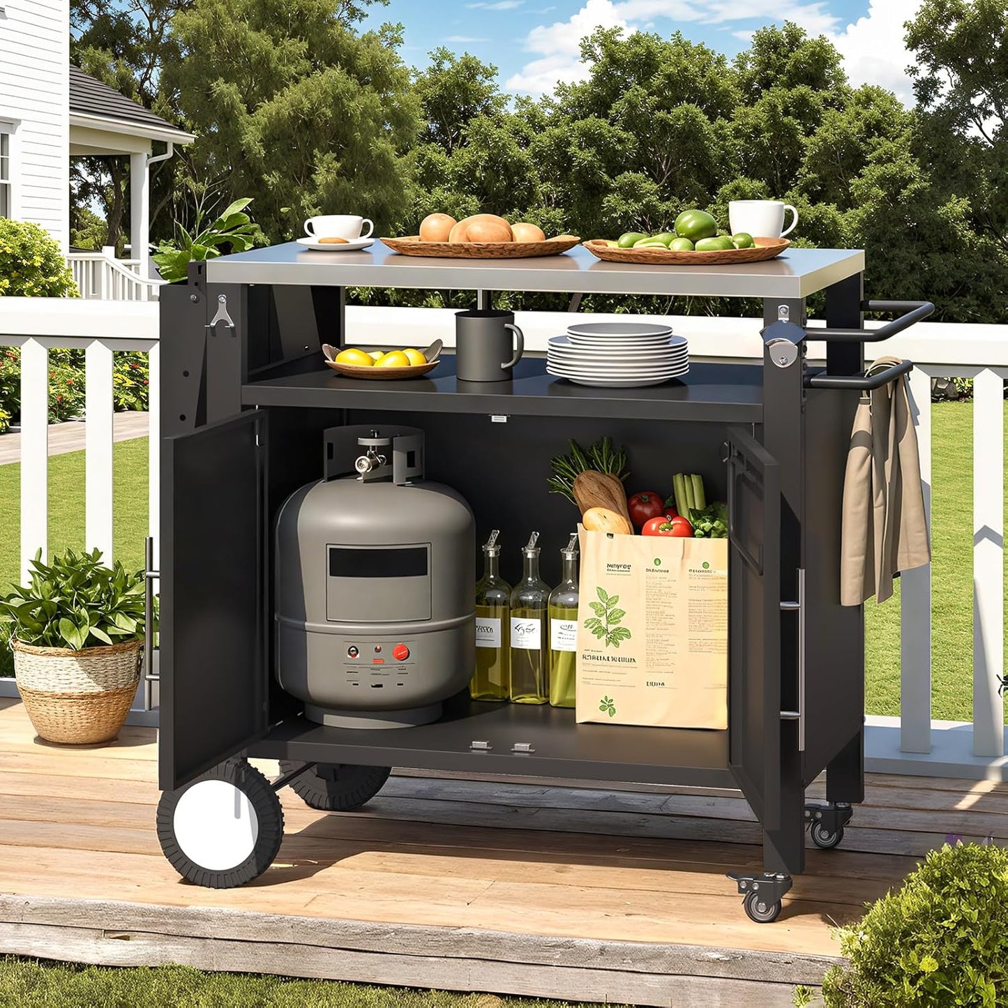 YODOLLA Outdoor Grill Table with Storage Cabinet, Rolling Bar Grill Cart 50’’×20’’×32.2’’