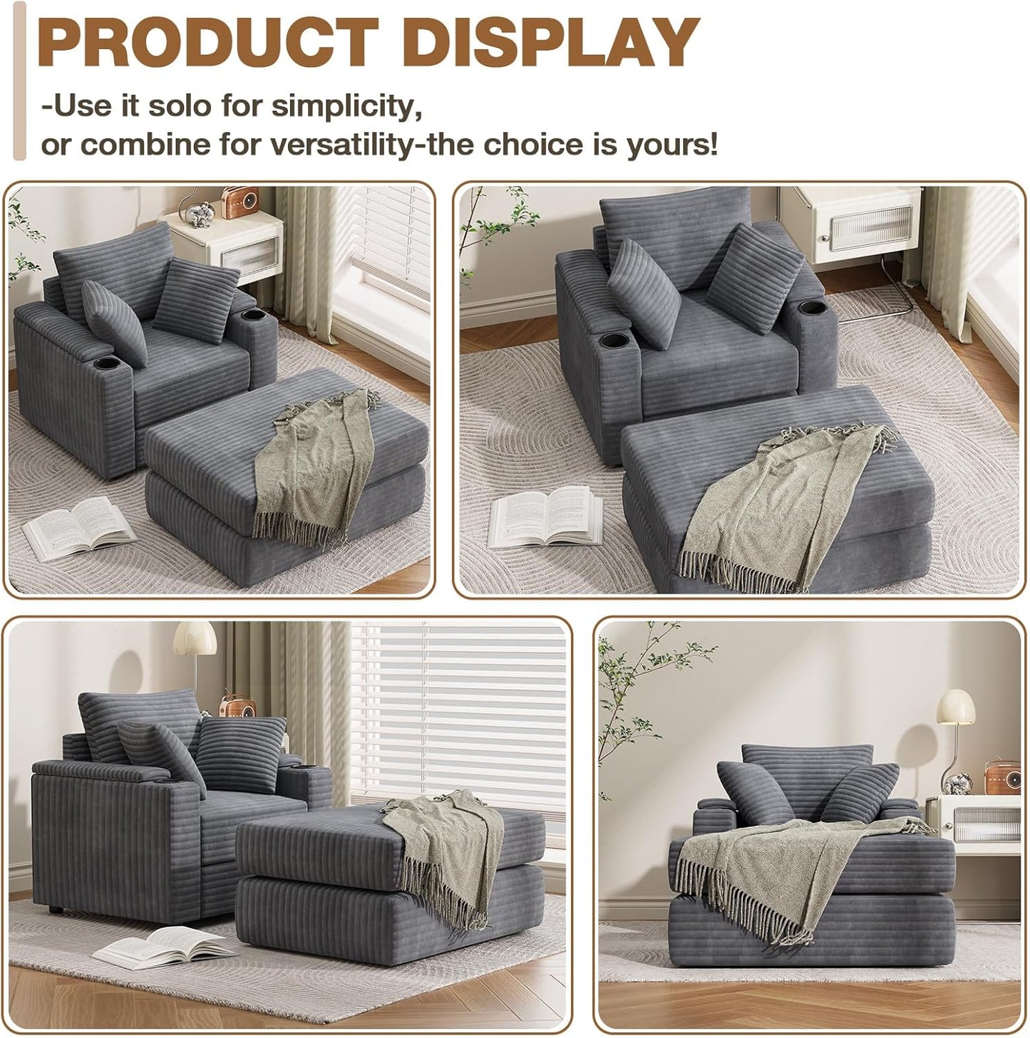 YODOLLA Chaise Lounge Chair Indoor, Oversized Sleeper Chair with Ottoman, Comfy Reading Sofa Armchair