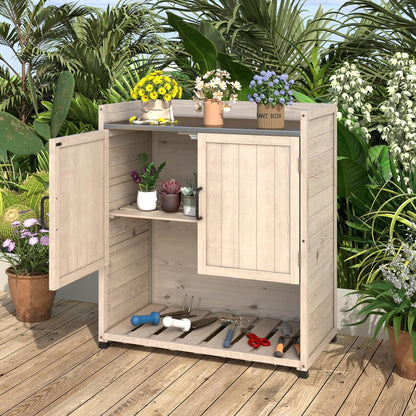 YODOLLA Potting Bench, Outdoor Wooden Storage Cabinet with Adjustable Shelf