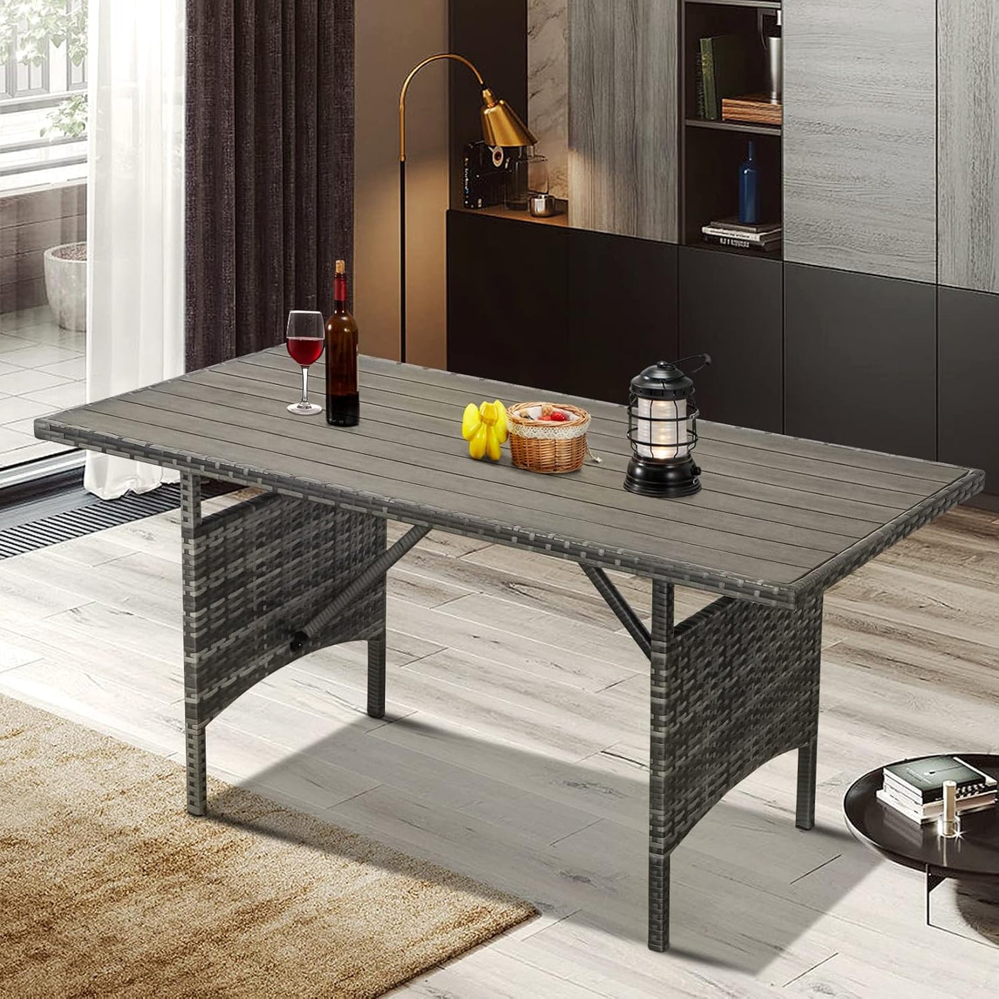 YODOLLA 54” Metal Frame Wicker Outdoor Dining Table, Gray