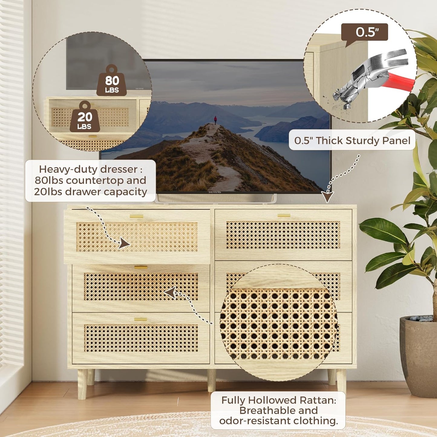 YODOLLA Wicker Dresser 6 Drawer Rattan Dresser, Natural Wood