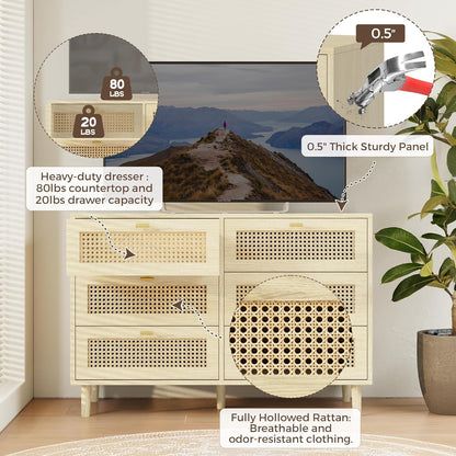 YODOLLA Wicker Dresser 6 Drawer Rattan Dresser, Natural Wood