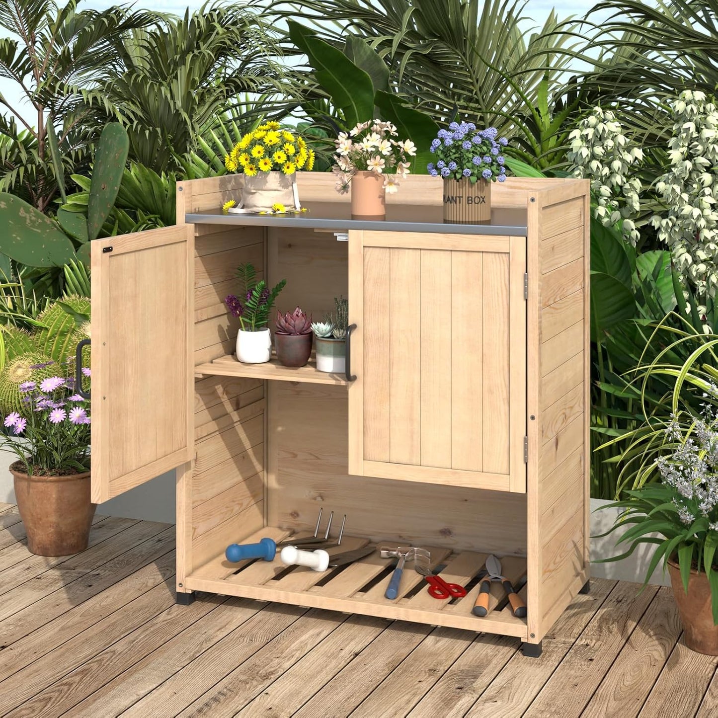 YODOLLA Potting Bench, Outdoor Wooden Storage Cabinet with Adjustable Shelf