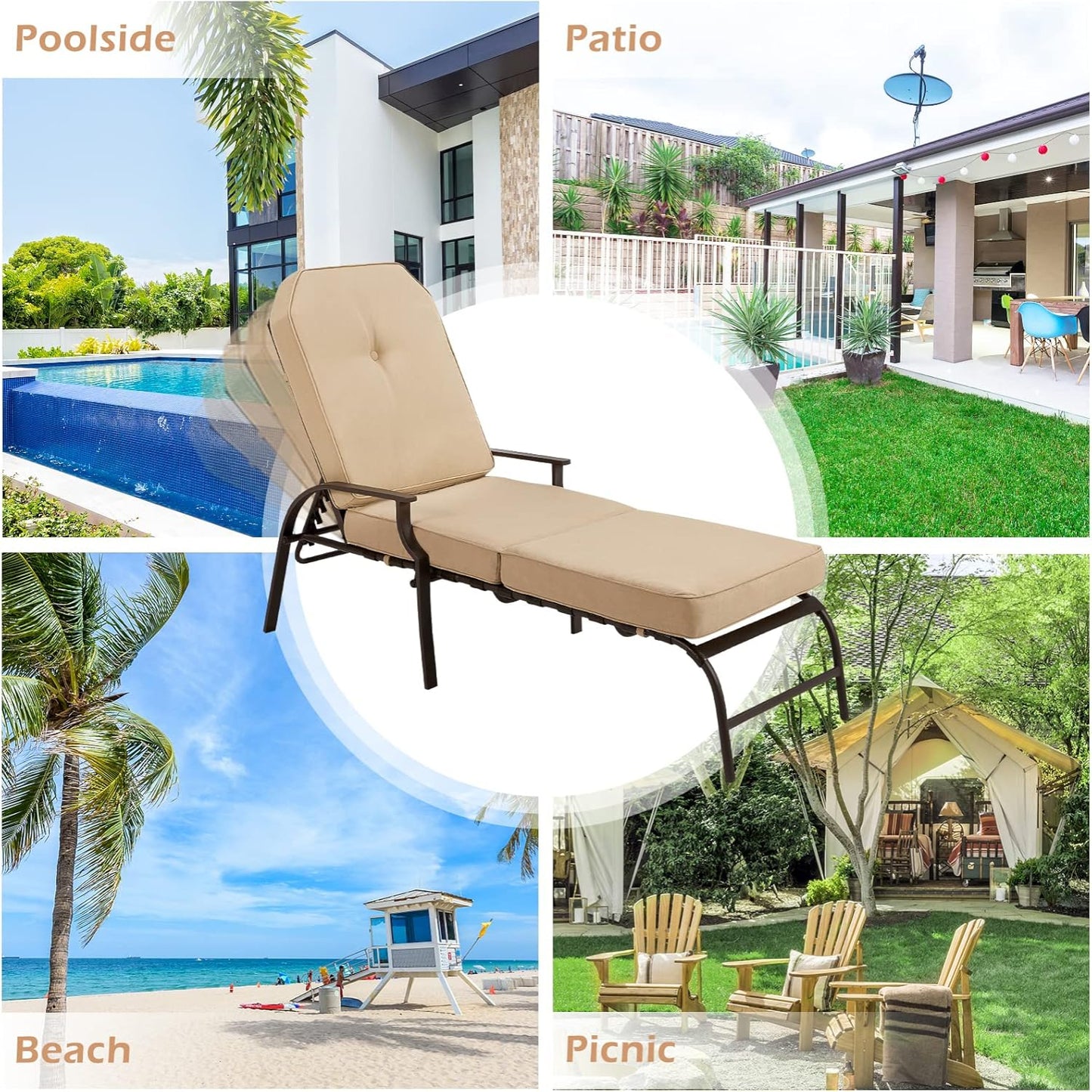YODOLLA Adjustable Outdoor Chaise Lounge, Beige