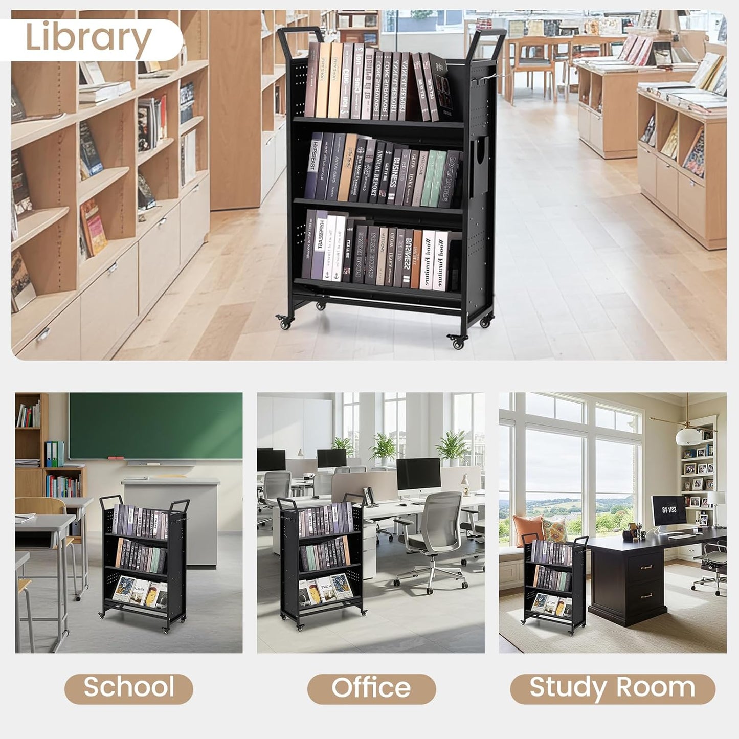 YODOLLA Book Cart with Wheels, 352LBS Rolling Bookshelf Utility Cart