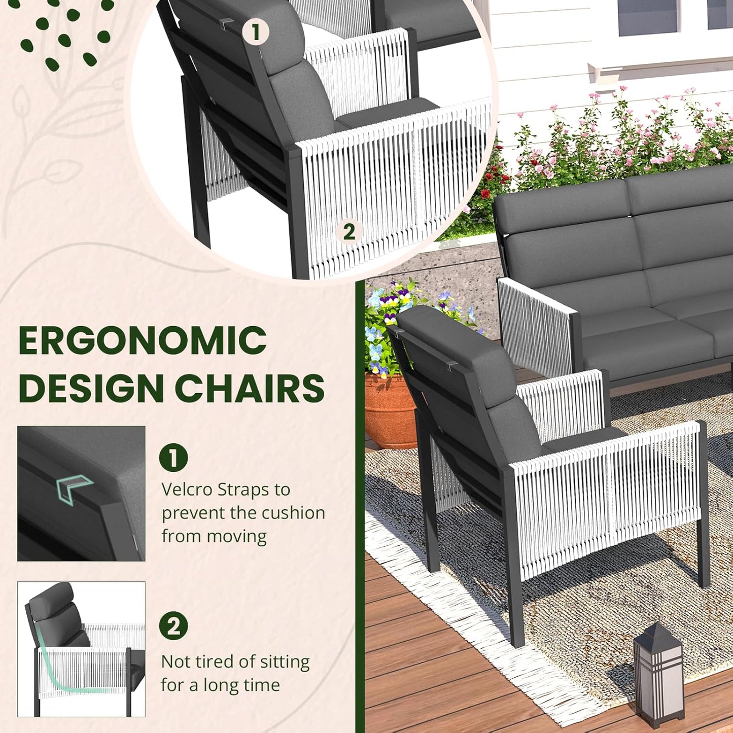 YODOLLA 4 Pieces Aluminum Patio Furniture Set with PE Rope Armrest, Dark Grey