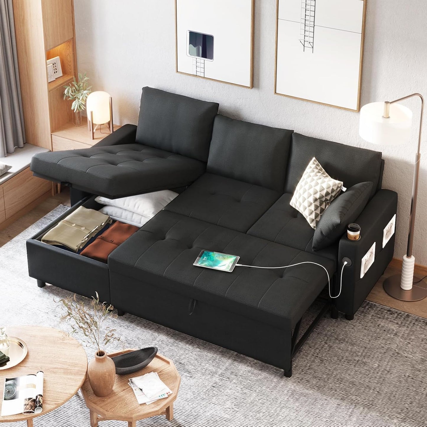 YODOLLA L-Shaped Sleeper Sofa, Pullout Bed, USB & Storage, Black