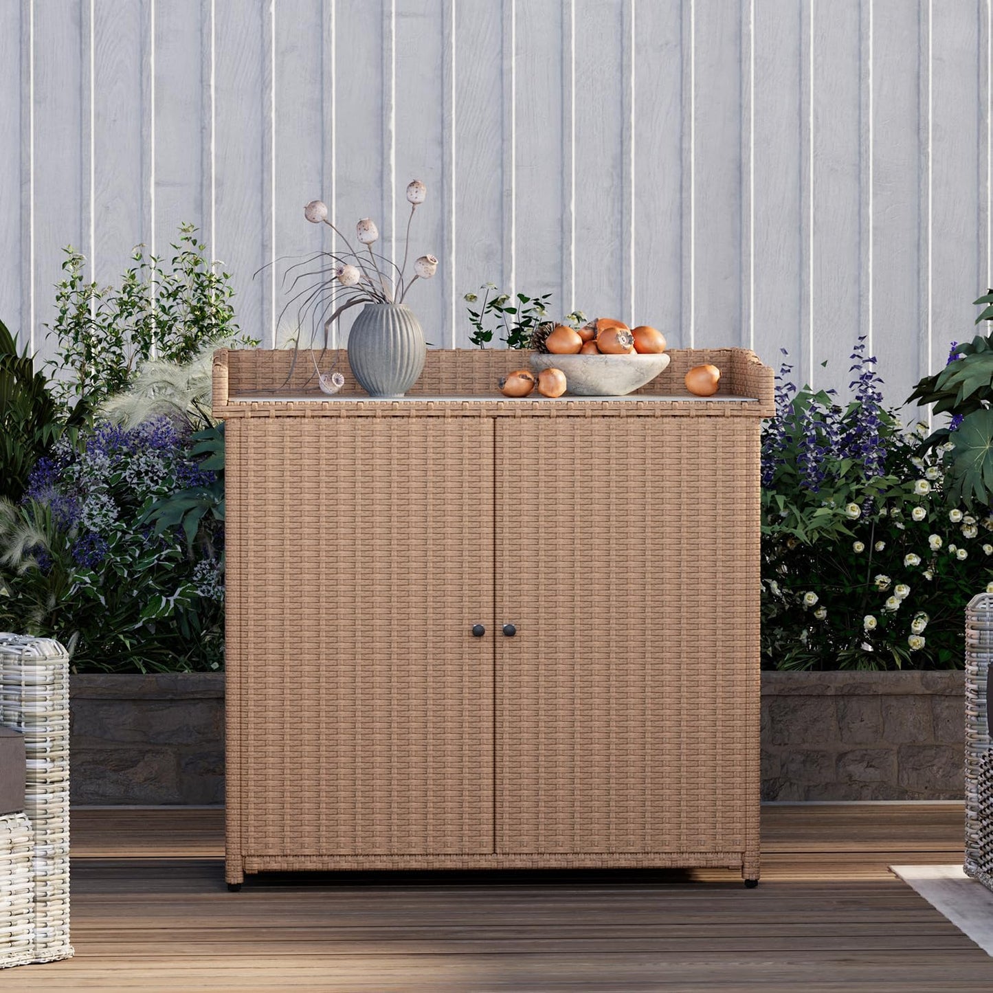 YODOLLA Outdoor Rattan Storage Cabinet, Waterproof, Beige