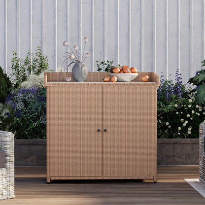 YODOLLA Outdoor Rattan Storage Cabinet, Waterproof, Beige