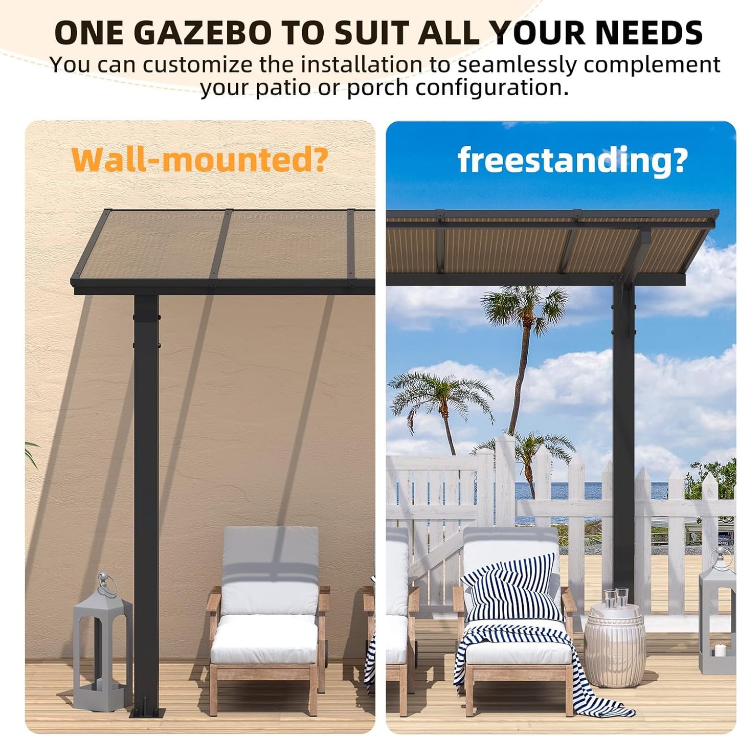 YODOLLA 8' x 5' Hardtop Pergola, Wall-Mounted Grill Gazebo & Carport for Patio, Deck & Outdoor Use