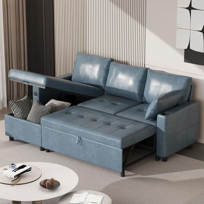 YODOLLA Faux Leather L-Shaped Sleeper Sofa, Pullout Bed, USB & Storage, Blue
