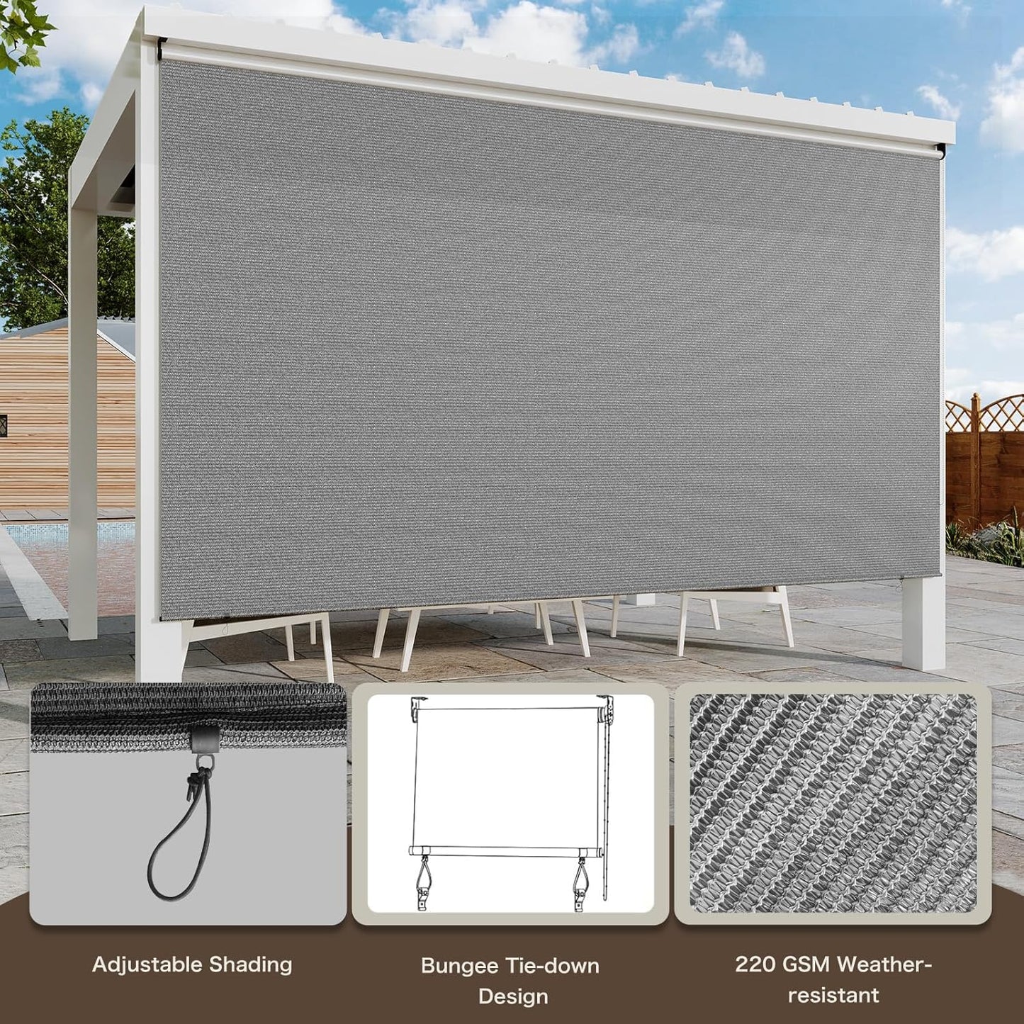 YODOLLA Outdoor Roller Shade, Sun Shade Cover Canopy with 99% UV Protection, Gray